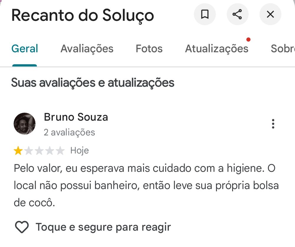 Captura de tela de uma avaliação de uma estrela para o estabelecimento "Recanto do Soluço". A avaliação, feita por mim, diz: "Pelo valor, eu esperava mais cuidado com a higiene. O local não possui banheiro, então leve sua própria bolsa de cocô."