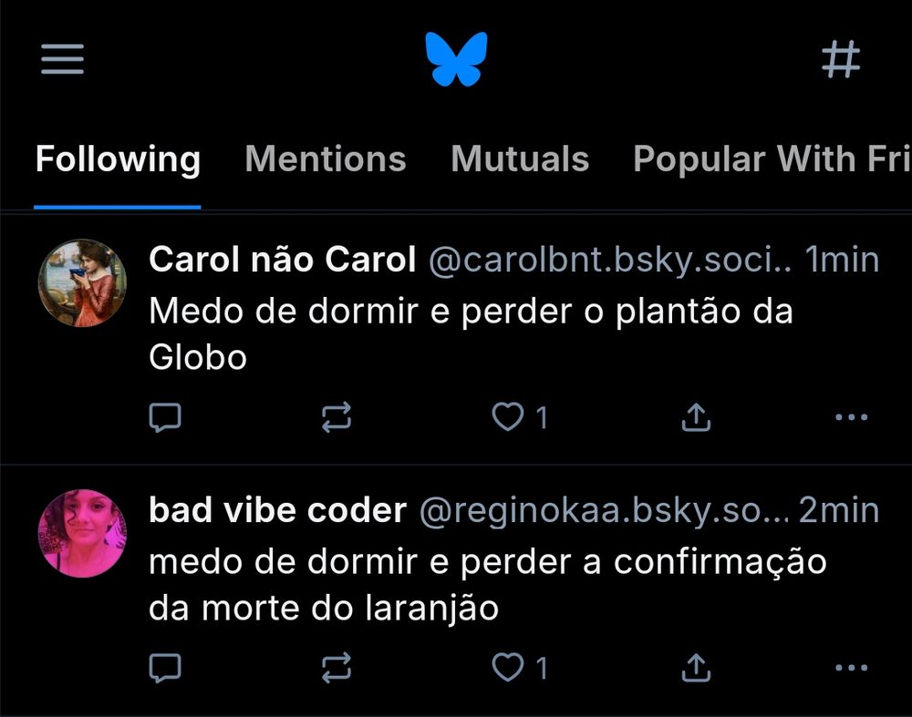 Uma captura de tela da rede social Bluesky em modo escuro. Duas postagens são visíveis. A primeira, de 