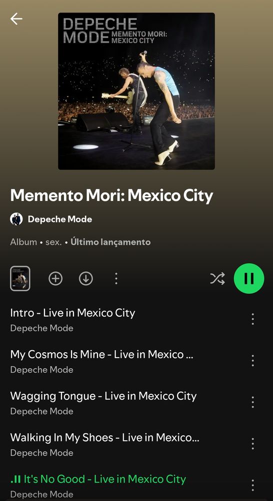 Print da tela do Spotify tocando o álbum "Memento Mori: Mexico City" do Depeche Mode. 