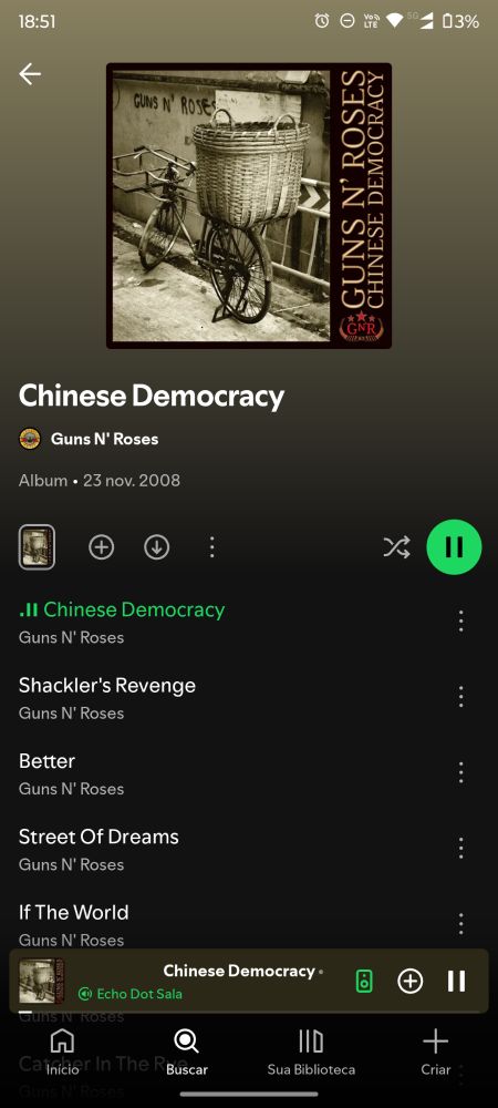 Print do app Spotify com o álbum "Chinese Democracy" da banda Guns N' Roses sendo reproduzido. 
