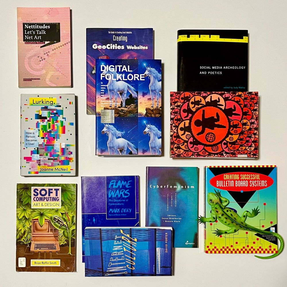 Net culture and netart books selected from Kyra Ocean's library; arranged on the floor in a grid.

(full biblio to be shared in a future post)