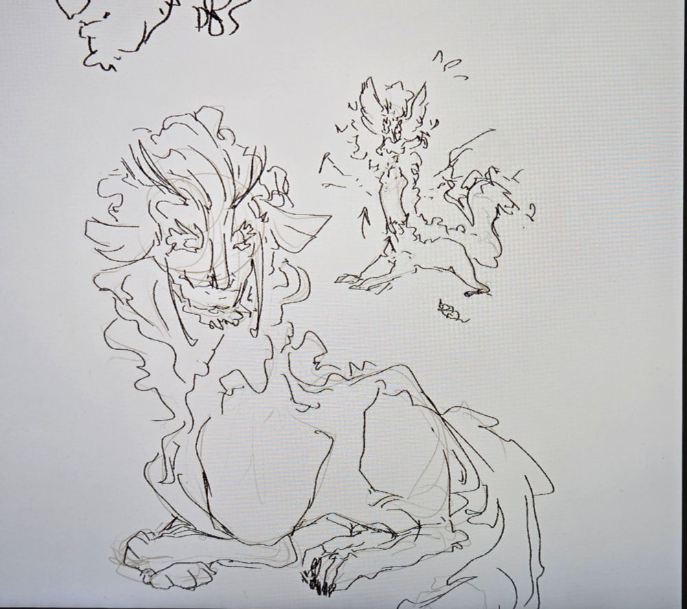 Digital sketches of a chimeric creature that has features of humans, felines, canids, and insects. 

The large sketch shows him relaxed, resting his front paws one over the other.

The small sketch shows him startled by a mouse, so he stretches his neck/thorax, opens his mandibles, fluffs his mane and tail, and flashes the underside of his 'ears' to appear larger and more intimidating than he is.