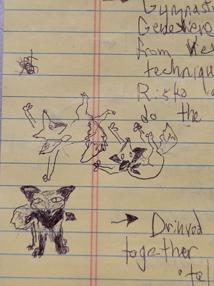 Ballpoint pen doodles of a fox in a bandana, tripping, falling, then staring.