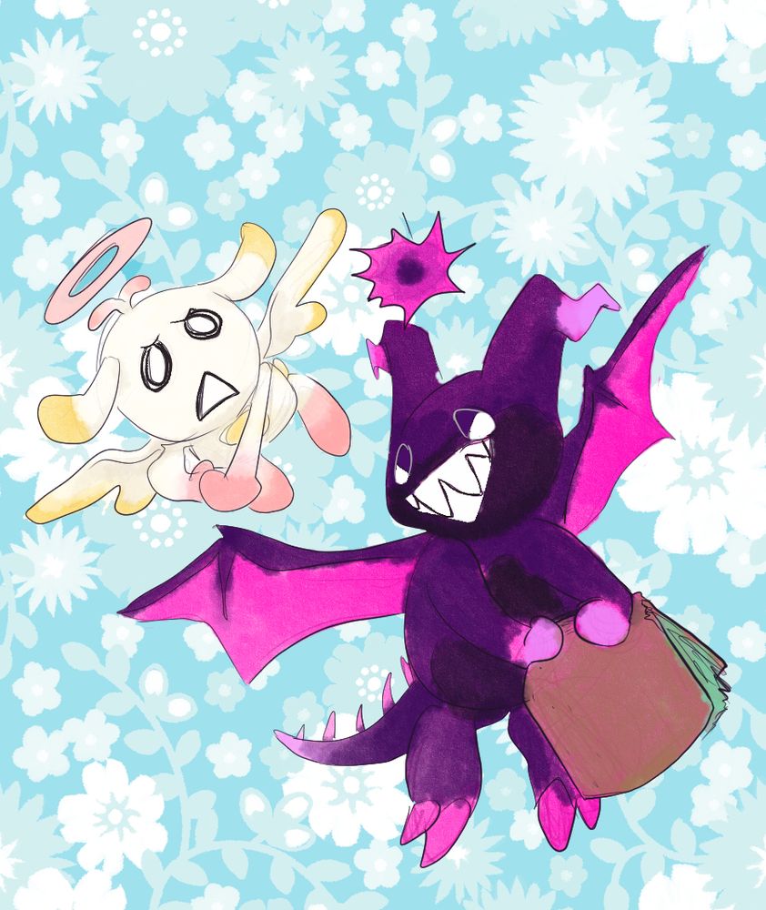 Two chao fly together in a floral-patterned blue void. The angellic-looking one scolds the dragon-looking one, since it has someone's wallet in its hands.
