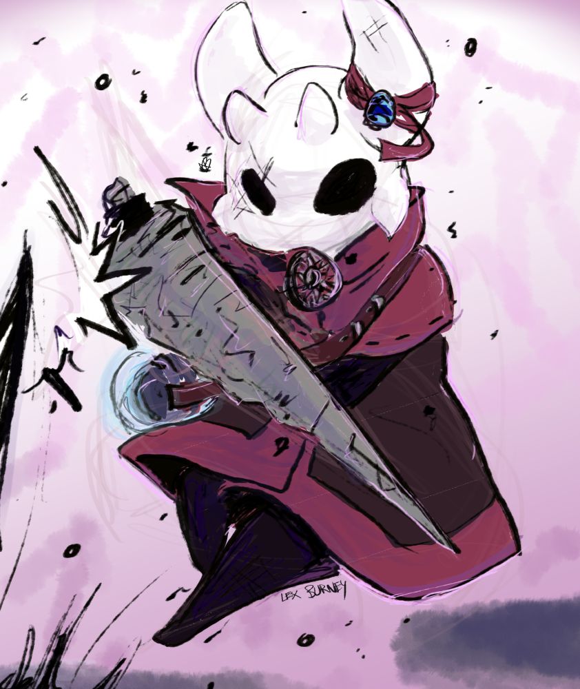 Illustration of a bug in the style of Hollow Knight, deflecting some attack with its nail-sword and leaping backwards to another platform. It wears a black and red cloak, and a red ribbon tied around one of its mask's horns. It looks incredibly determined.