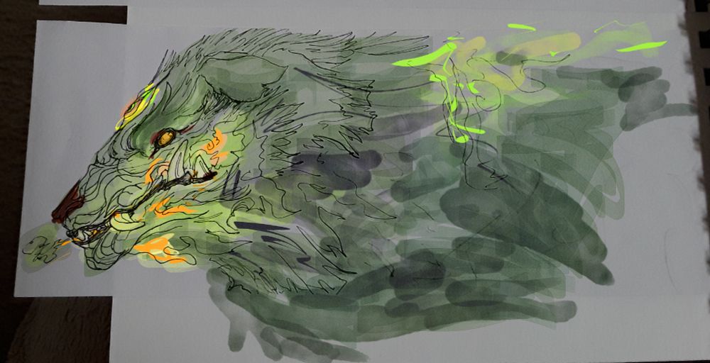 Traditional ink drawing of a hellhound with tusk-like fangs and an additional, large eye in the center of its forehead. Licks of fire escape its snarling jaw and trail from its raised hackles, and it hisses out a puff of smoke through its teeth. It is colored digitally, using brushes that mimic alcohol markers and ink washes: bronze-green with accents of chartreuse, yellow, and orange for the eyes and flames.