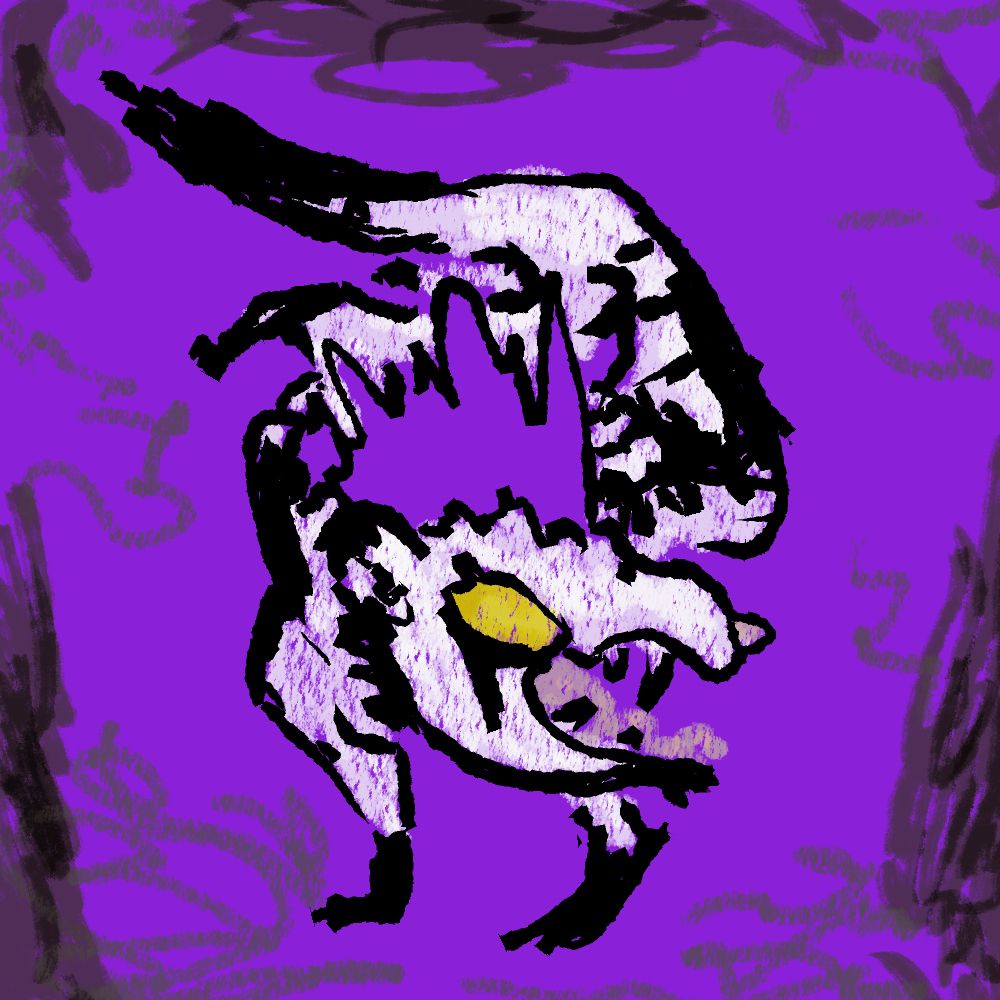 Stylized drawing of a white stoat with gold eyes, purple mohawk, and black markings as though it were a member of the band KISS.