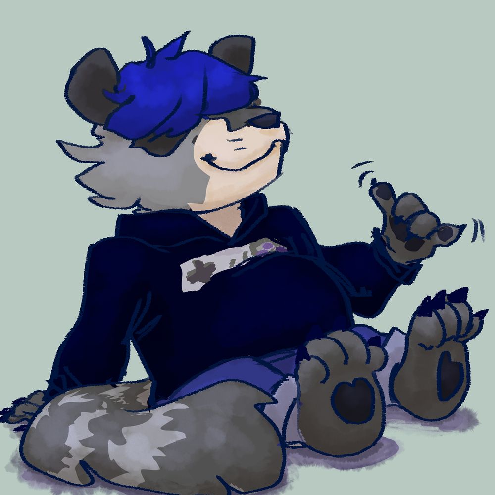 Colored drawing of an anthro racoon with blue hair, jeans, and a black hoodie. He is seated and makes the surfer's gesture for "hang loose."