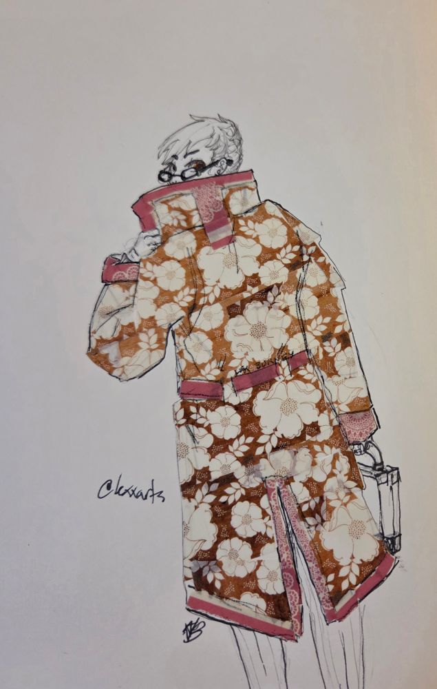 Mixed media illustration of a person with short hair and glasses wearing an oversized coat. They carry a small briefcase and glance back towards the viewer over the top of their high collar.

The coat is brown with white floral pattern, and has pink trim with some lacy white accents.