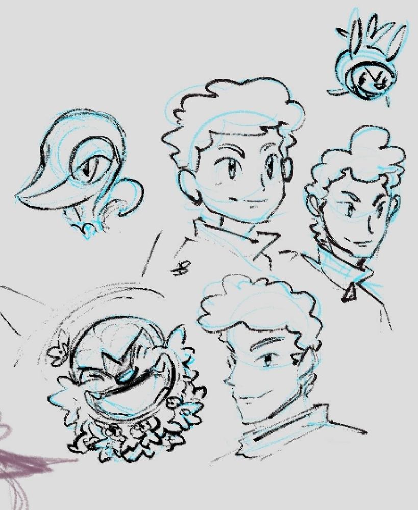 Collection of sketches emulating the style of Gen 3 Pokémon, using a trainer at three different stages of his life.

The youngest has a snivy (grass snake) next to him, teen has a chespin (cartoon woodchuck), and adult has a chesnaught (big pangolin-knight) with flowers braided into her beard.