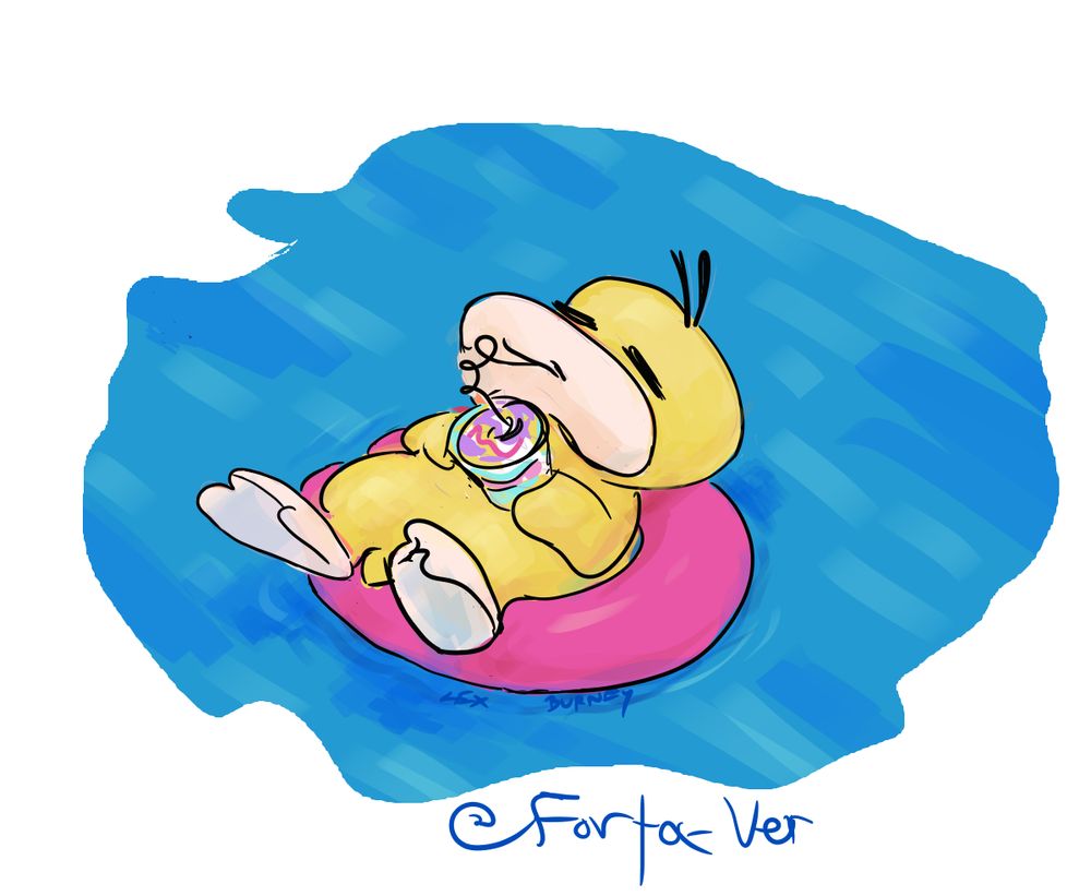 Vignette of a psyduck floating in a pink inner tube, sipping a drink through a silly straw.