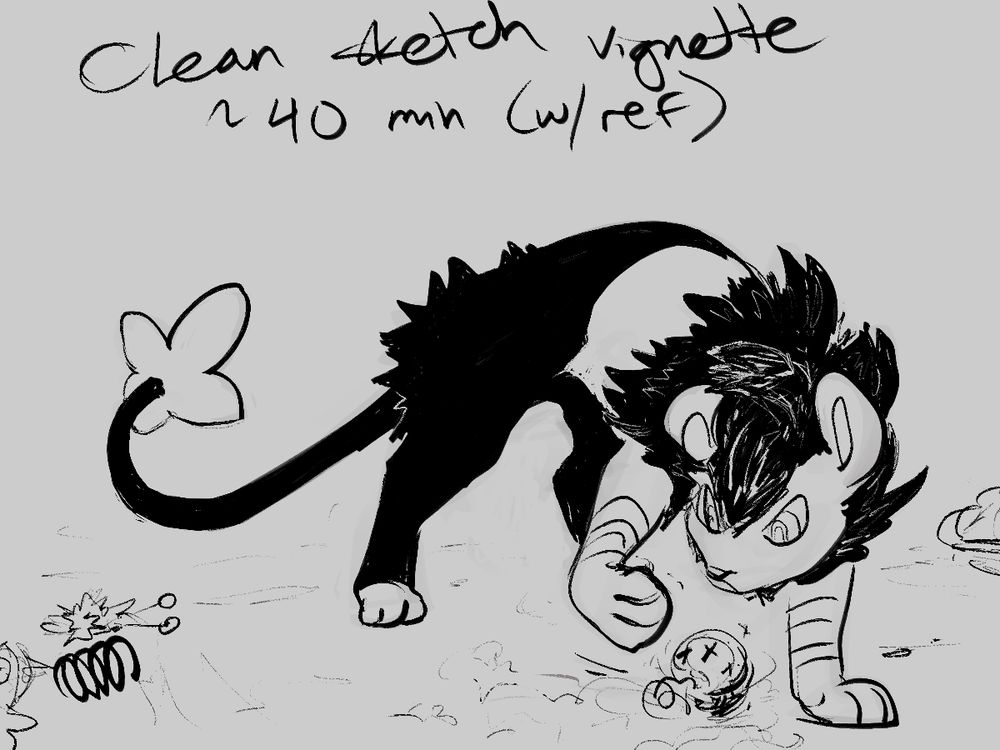 A clean sketch (that is just about to the finished lineart stage) of the pokemon Luxio playing with some kind of ball. Other cat-toys litter the ground around it.

Luxio is an adolescent lion with bands on its front legs, a star-shaped tail tuft, and dark fur on its back end that look like it's wearing pants.

Text: "Clean sketch vignette, ~40 min (w/ref)"