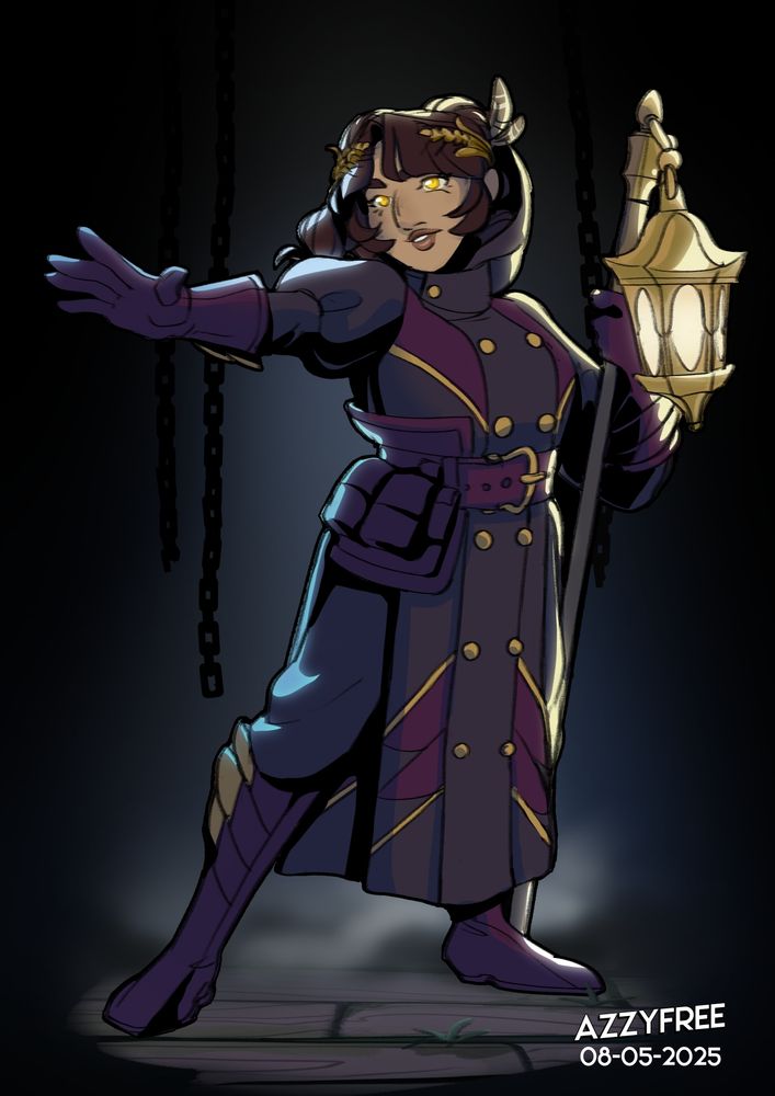 A person wearing a dark outfit with purple and gold accents. The outfit is styled after a plague doctor.  They are wearing long purple gloves and holding a staff in one hand that has a lantern chained to the top of it.

They have brown hair in space buns and a crown of wheat and feathers. Gold eyes look in the direction of their out stretched hand.  The whole theme of the image is very gothic and dark. 

In this campaign Zarina will be a way of mercy monk.