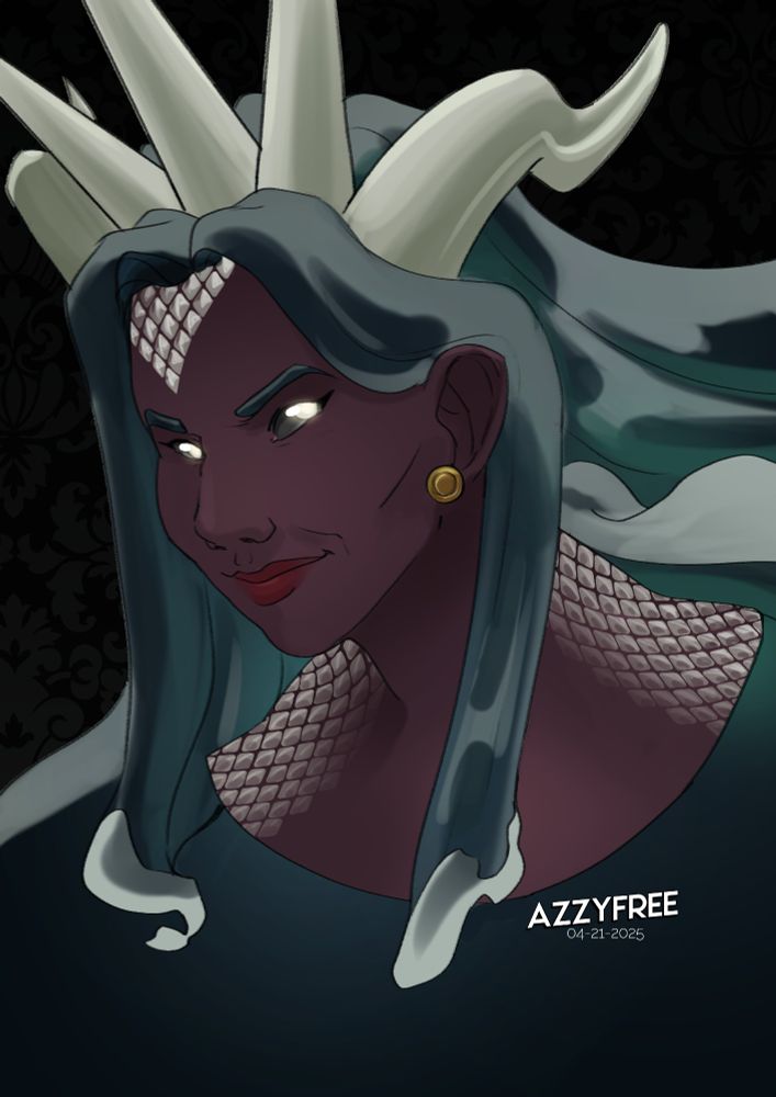 A bust illustration of a woman with warm dark skin and hair as dark and flowing as water. Her lips are the color of fresh blood and five bone-white horns protrude like a crown form her head. 
Bone-white scales cross her shoulders. 
She looks to the viewer with a knowing smile and eyes that glow like the moon. 