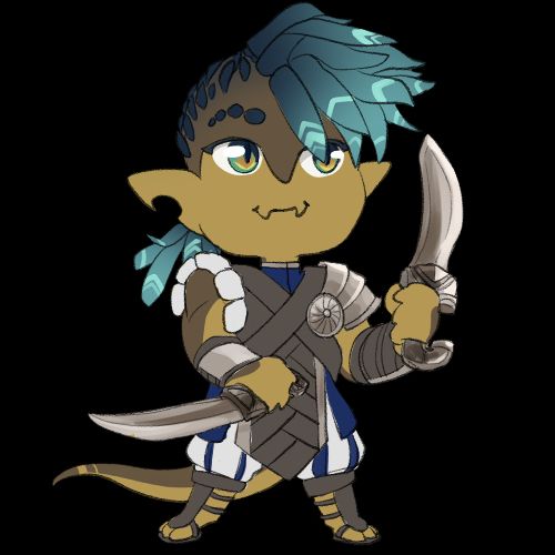 A chibi of a lizardfolk with golden scales and feathers for hair. He's got rainbow colored eyes.