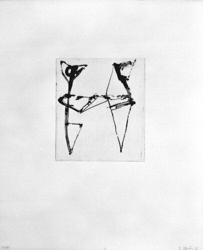 This artwork, a part of Brice Marden's "Etchings to Rexroth," showcases his signature exploration of calligraphic gestures and abstract forms. Marden, known for his minimalist style and innovative use of line and texture, often draws inspiration from poetry and nature.