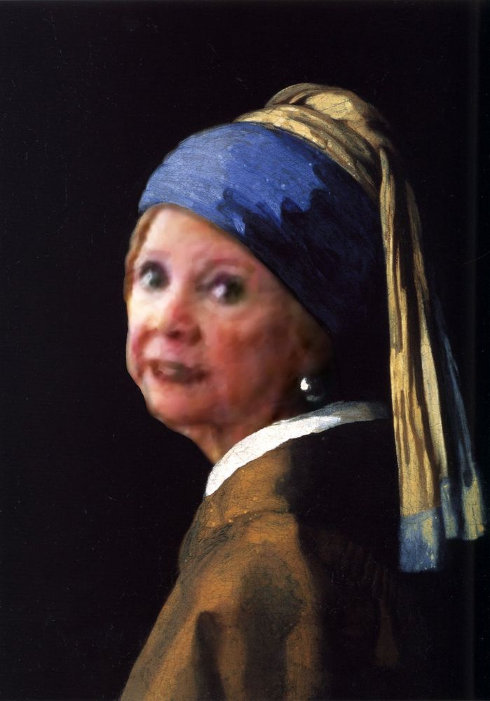 Picture by Cold War Steve of Cilla Black as The Girl With The Pearl Earring. The original picture was taken because Cilla Black, in a bar/restaurant, had decided she was too important for a 'reserved' label and stole someone else's table. 

It has played a part of many of his collages since. 
