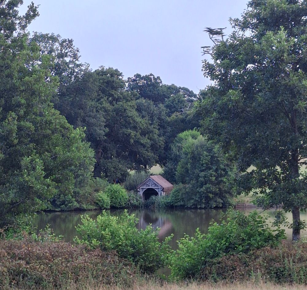 Photo of a boat shed at the edge of a lake surrounded by trees