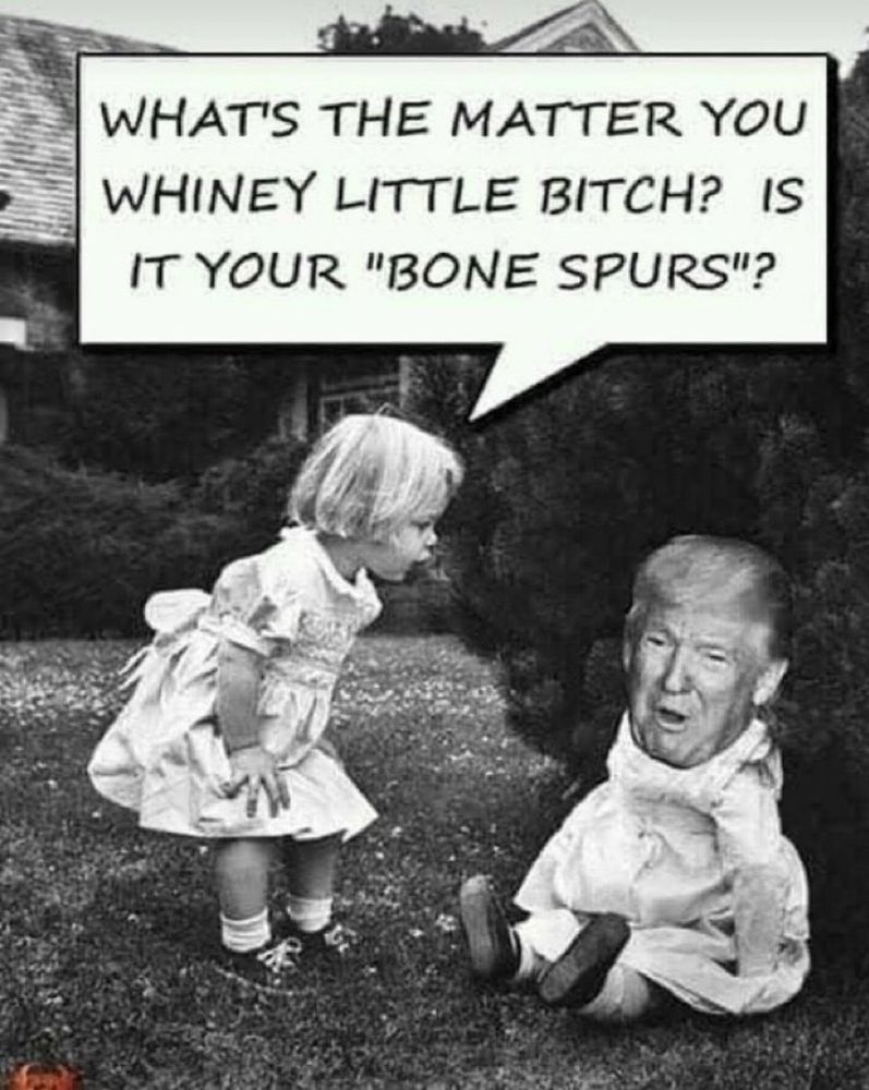 Girl to Drumpf: What’s the matter you whiney litte bitch? Is it your “bone spurs”?