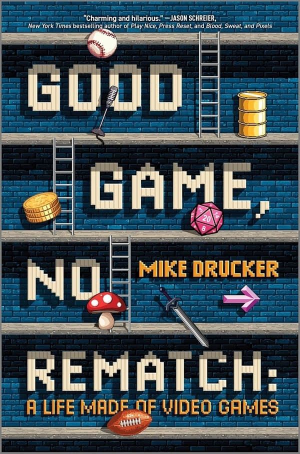 The cover of Good Game, No Rematch by Mike Drucker. A blue brick background with grey concrete platforms, ladders, and an assortment of gaming paraphernalia scattered throughout. 