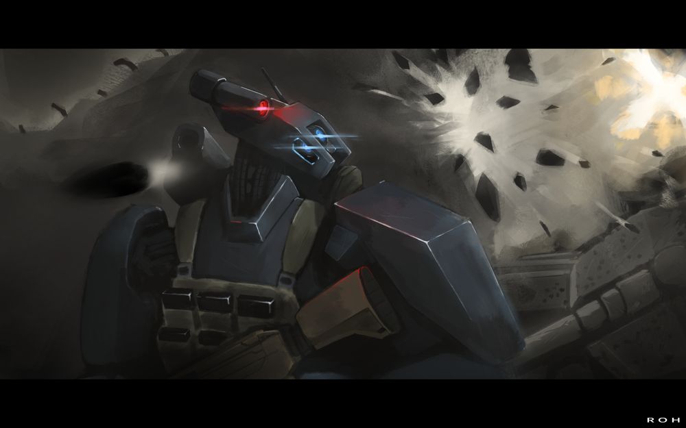 Combat robot being fired upon by an anti-materiel rifle, the corpse of a tank lies between them