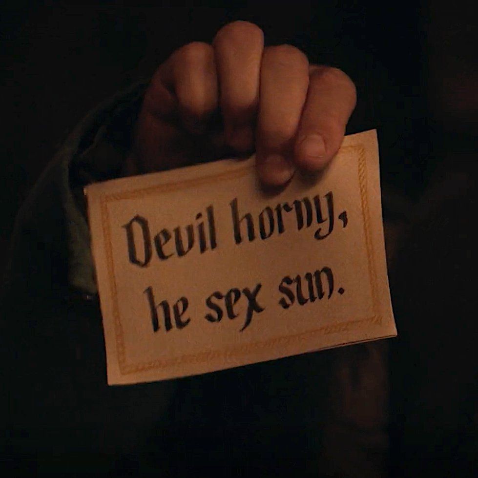 piece of paper with "devil horny, he sex sun" written on it