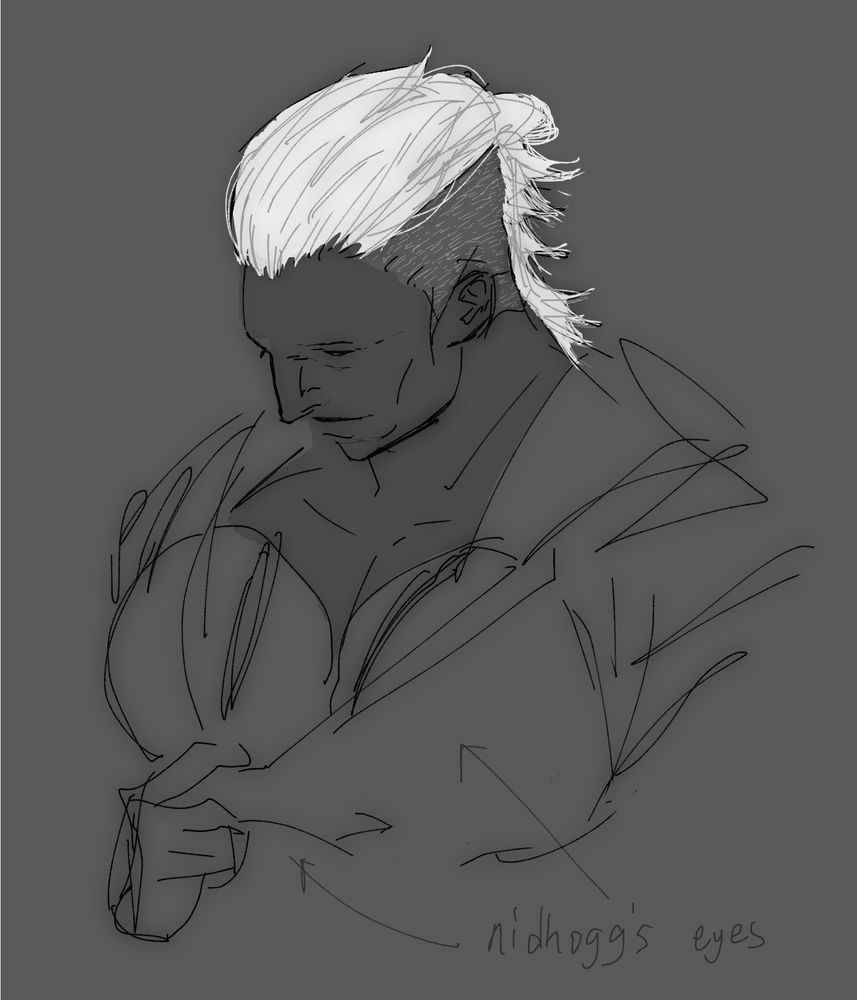 ilberd pulling down the collar of his shirt to reveal nidhogg's eyes