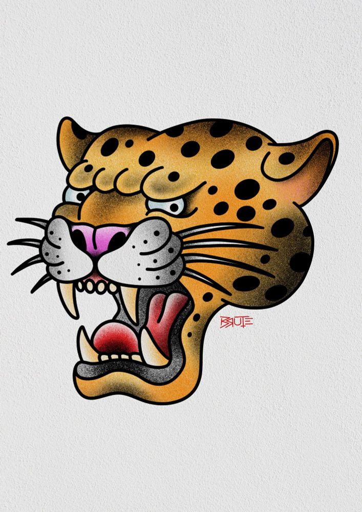 American traditional tattoo style illustration of a leopard