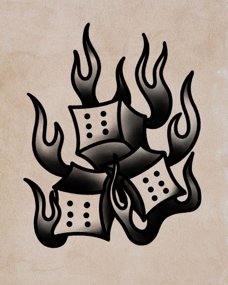 An American traditional style illustration of three dice with flames. The dies all show the number 6
