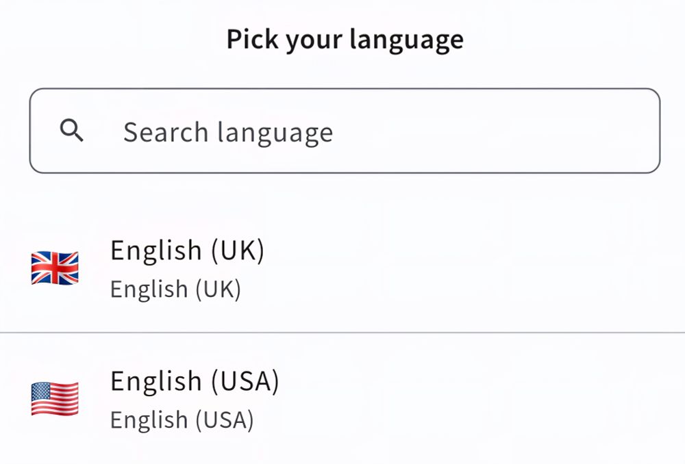 Screenshot from the settings menu in an app: "pick your language" followed by only two options: English (UK) and English (USA)