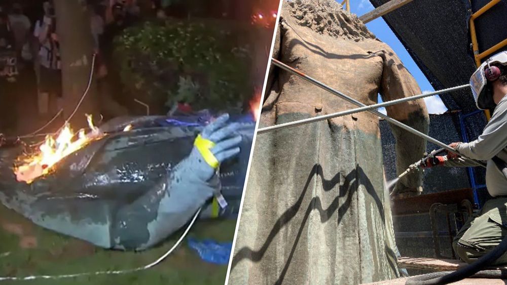 The bronze statue depicting Confederate Gen. Albert Pike is being restored, the Park Service said in a statement Monday. Officials shared a photo of a worker removing corrosion and paint.