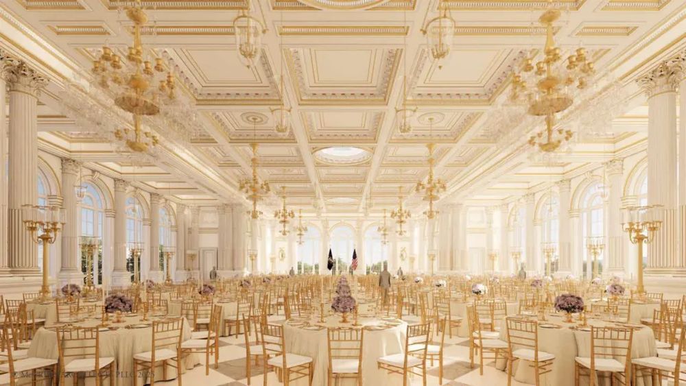 Rendering of the interior of Trump's new ballroom at the White House - white tablecloths, white walls and ceilings, and lots of lots of gold fixtures.

https://www.bbc.com/news/articles/c2l7dey54zjo