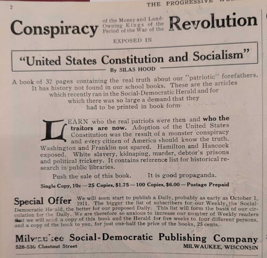 Advertisement for a book entitled United States Constitution and Socialism, by Silas Hood, the pseudonym of Henry T. Jones. The ad promises an expose of the 
