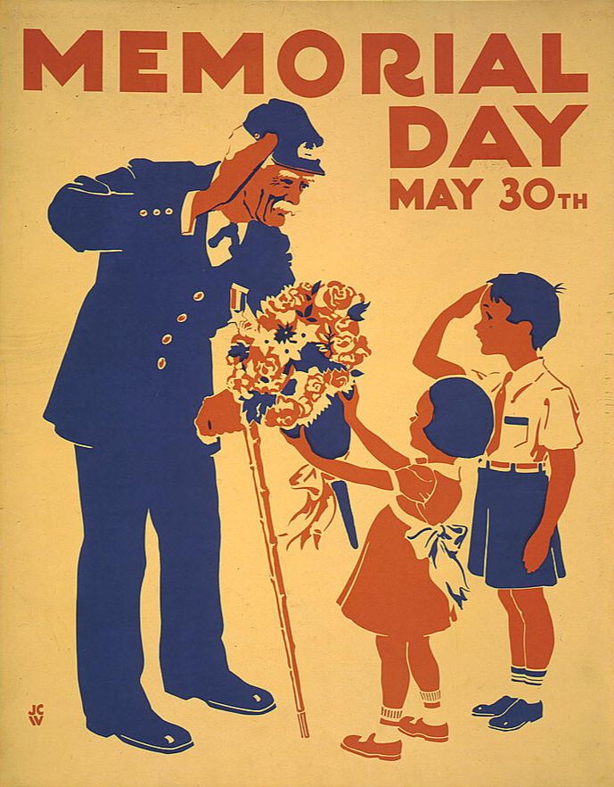 Poster honoring veterans, showing two children and an old soldier who carries a cane and wears a blue Civil War era uniform and kepi. 

The man and boy salute each other as the girl presents the soldier with bouquet of flowers.

[New York : Federal Art Project, 1936 or 1937]