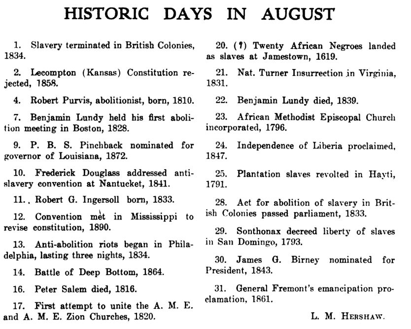 HISTORIC DAYS IN AUGUST

1. Slavery terminated in British Colonies , 1834 .

2. Lecompton ( Kansas ) Constitution rejected , 1858 .

4. Robert Purvis , abolitionist , born , 1810 . 

7. Benjamin Lundy held his first abolition meeting in Boston , 1828 .

9. P. B. S. Pinchback nominated for governor of Louisiana , 1872 .

10. Frederick Douglass addressed anti-slavery convention at Nantucket, 1841 . 

11 .. Robert G. Ingersoll born , 1833 

12. Convention met in Mississippi to revise constitution , 1890 .

13. Anti-abolition riots began in Philadelphia , lasting three nights , 1834

14. Battle of Deep Bottom , 1864.

16. Peter Salem died , 1816 .

17. First attempt to unite the A. M. E. and A. M. E. Zion Churches , 1820 .

20. ( ? ) Twenty African Negroes landed as slaves at Jamestown , 1619.

21. Nat Turner Insurrection in Virginia , 1831 .

22. Benjamin Lundy died , 1839 .

23. African Methodist Episcopal Church incorporated , 1796 .

24. Independence of Liberia proclaimed , 1847 .

25. Plantation slaves revolted in Hayti , 1791 .

28. Act for abolition of slavery in British Colonies passed parliament , 1833 .

29. Sonthonax decreed liberty of slaves in San Domingo , 1793 .

30. James G. Birney nominated for President , 1843 .

31. General Fremont's emancipation proclamation , 1861 .

L. M. HERSHAW.