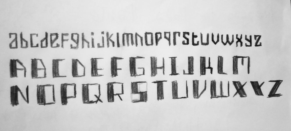 Alfabeto latino, uma linha de letras minúsculas e duas linhas de letras maiúsculas, estilizado afim de emular um estilo parecido com o usado em propagandas soviéticas, com formas quase quadradas formadas por linhas finas e grossas.