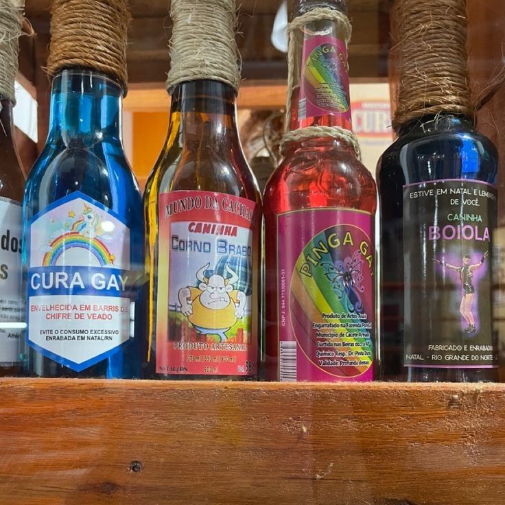 Foto de prateleira cheia de bebidas alcoólicas de cores e nomes duvidosos, como "Cura Gay" azul, "Corno Brabo" em âmbar, "Pinga Gay" em vermelho e "Boiola" em roxo.