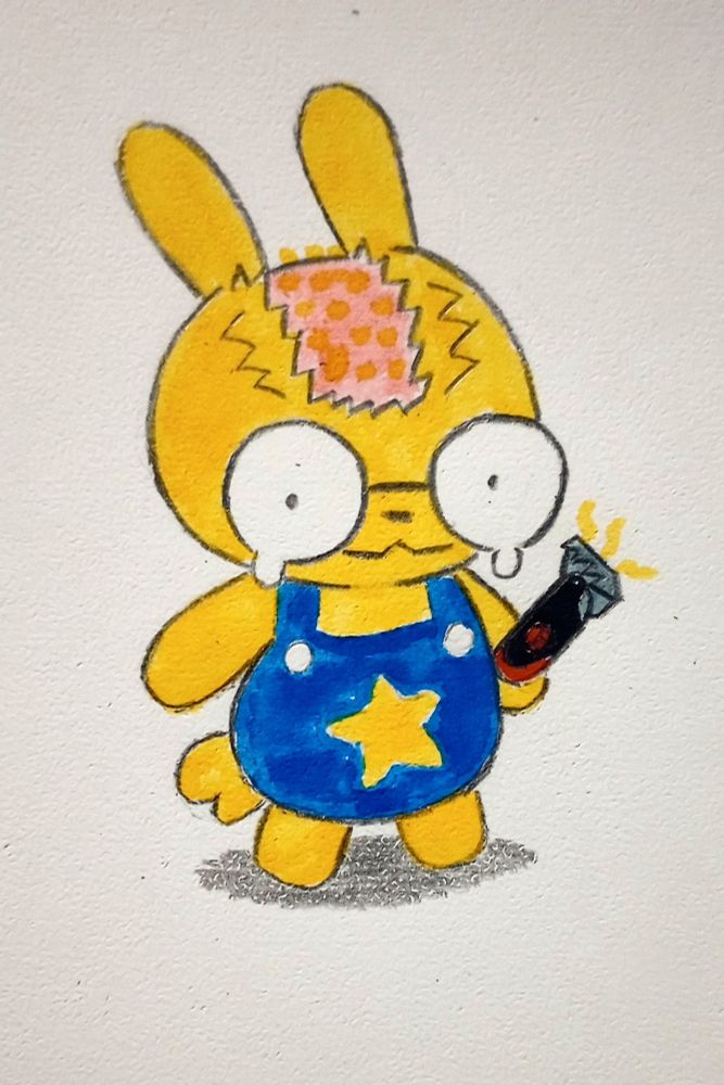 OC de @aspargoscoelha.bsky.social
Um coelho amarelo cartoon, com um macacão azul e um óculos grande e redondo, mas diferente do visual original, está com uma linha careca na cabeça, segurando um barbeador com pelinhos amarelos.