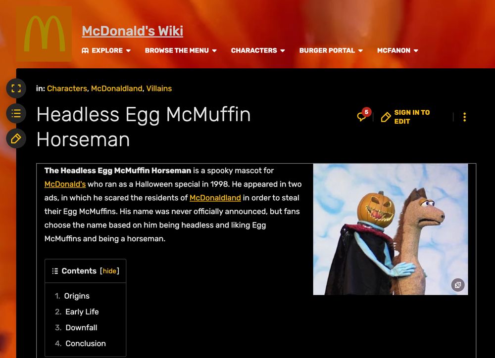 the main description of a mcdonalds fandom wiki entry about a character called the "headless egg mcmuffin horseman"