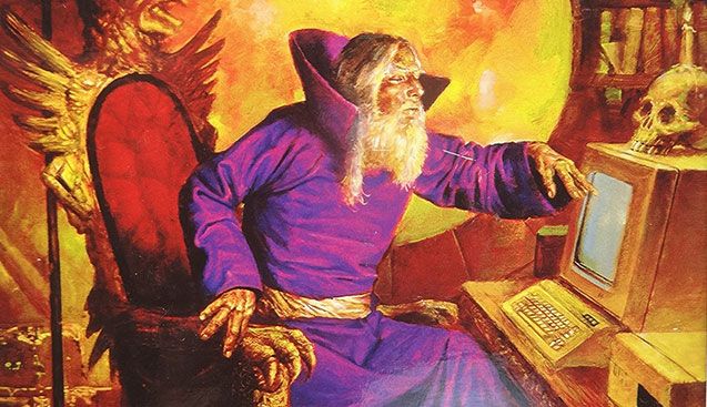 a white bearded wizard in a purple robe points at an antiquated computer screen