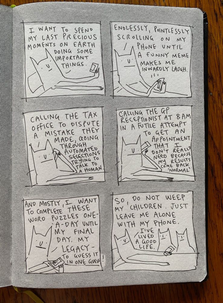 Second page of a comic, roughly drawn. It’s about dying and enjoying your final moments doing things that you love most. 