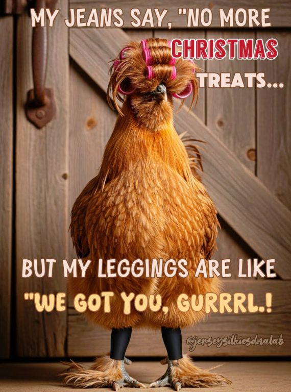 Brauner AI Huhn mit rosa Lockenwickler auf dem Kopf, dazu der Text: My Jeans say "No more Christmas treats"...but my leggins are like "We got you gurrrl!"