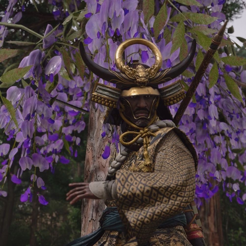 Against a tree with purple blossoms, Yasuke in an elegant gold with black armour set and gold helmet turns, his arm gesturing with apprehension. 
