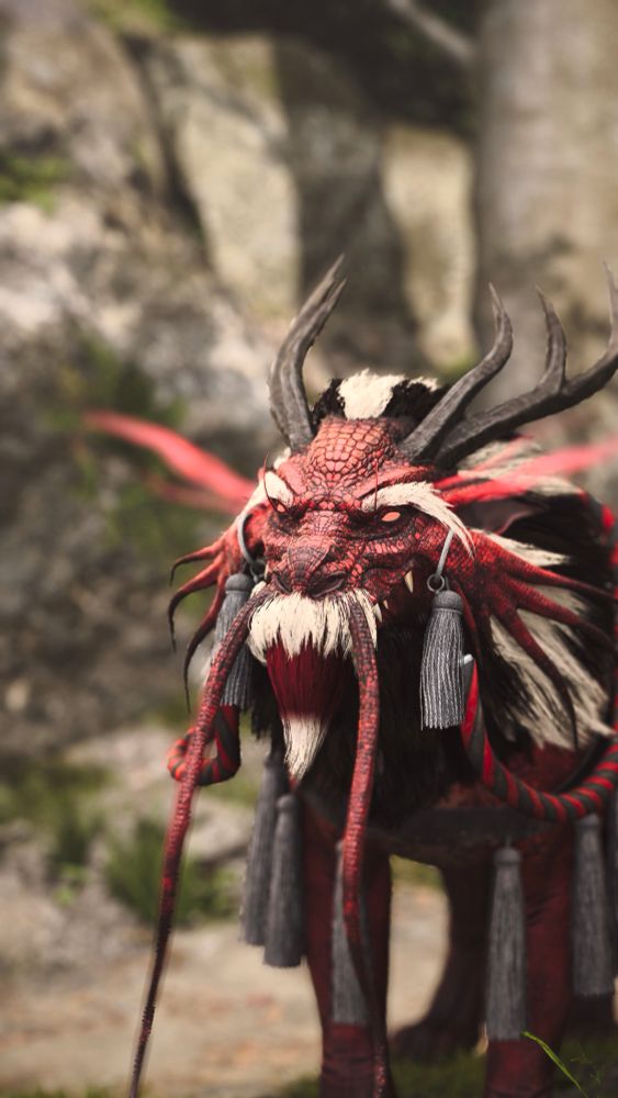A red Chinese dragon with white moustache and eyebrow hair. Intricate and detailed scales, and many white tassels. 