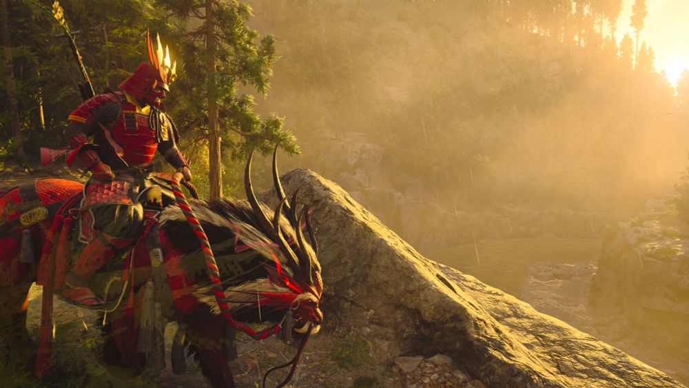 Yasuke on the red dragon mount, wearing his red armour. On a cliff with golden sun and sunbeams streaming across the landscape toward them.  