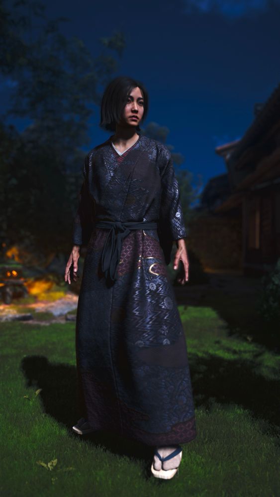Naoe in a black with gold and purple thread kosode in a garden at night. 