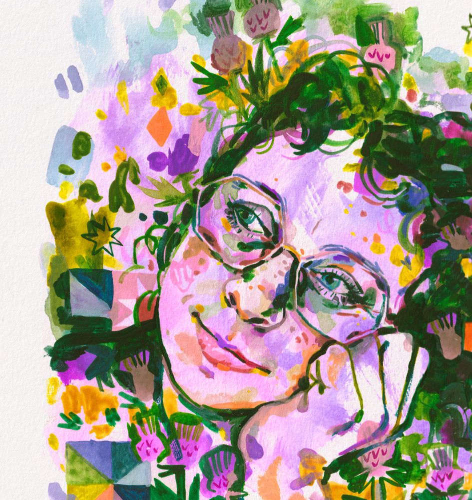 Self portrait. Loads of colours thrown around in purple and greens, making up my face, which is looking dreamy off to the left and resting on my hand. Patchwork patterns and thistles emerging from the painterly brushstrokes. Watercolour