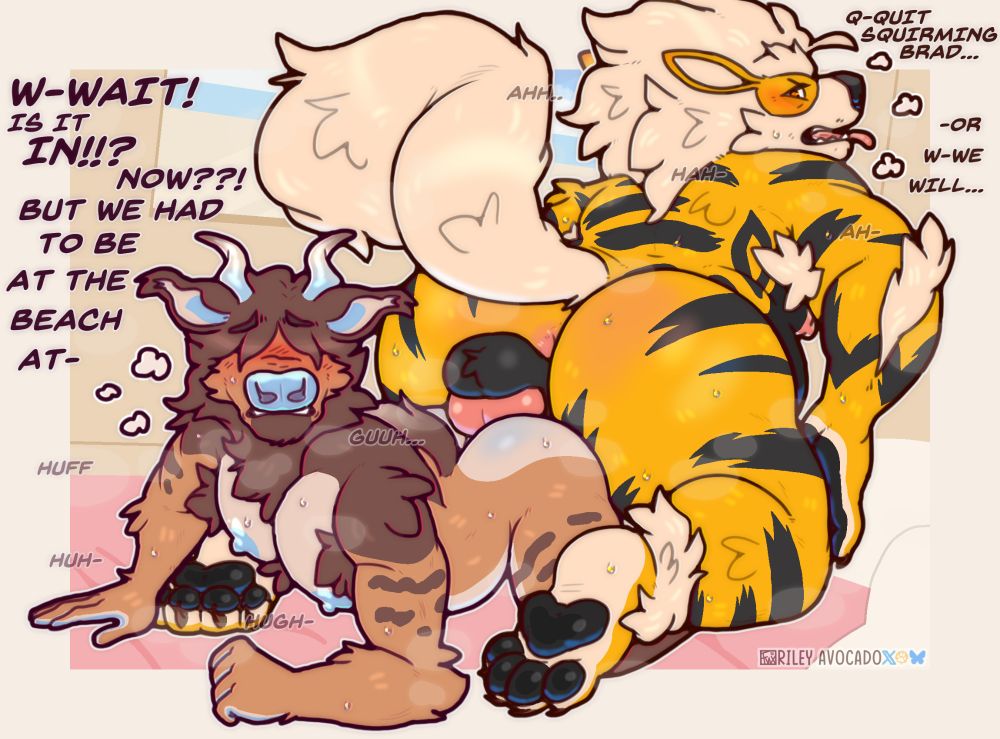 Brad and Barlow, a bull and Arcanine pair, having anal sex, with Barlow the Arcanine penetrating Brad in a reverse doggy style position.