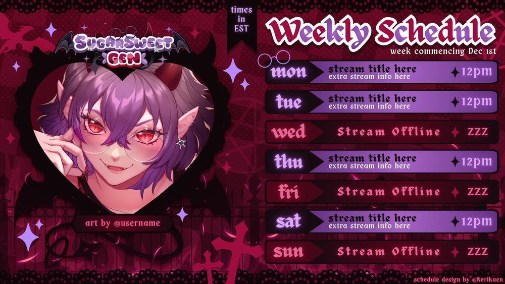 Red, purple and black themed stream schedule. Heart shaped image frame on the left with wings, horns and a demon tail as decoration. Right side has the bars for each day with "weekly schedule" above it, in red and purple colours.