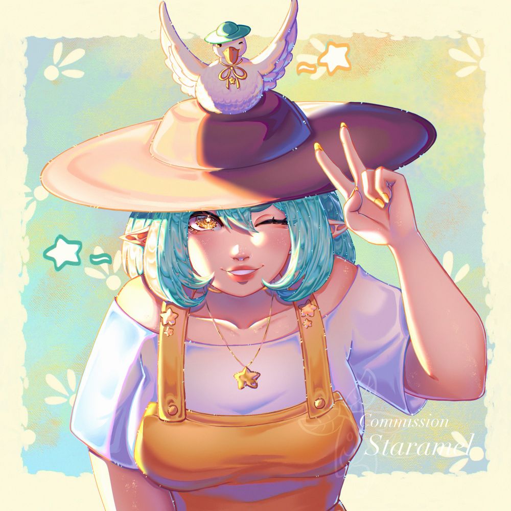 Neri leaning towards the camera with a wink and a smirk making a peace sign with their left hand. A little ducky with a blue hat sits on top of their brown sun hat and the light from the sun bounces off the two of them.